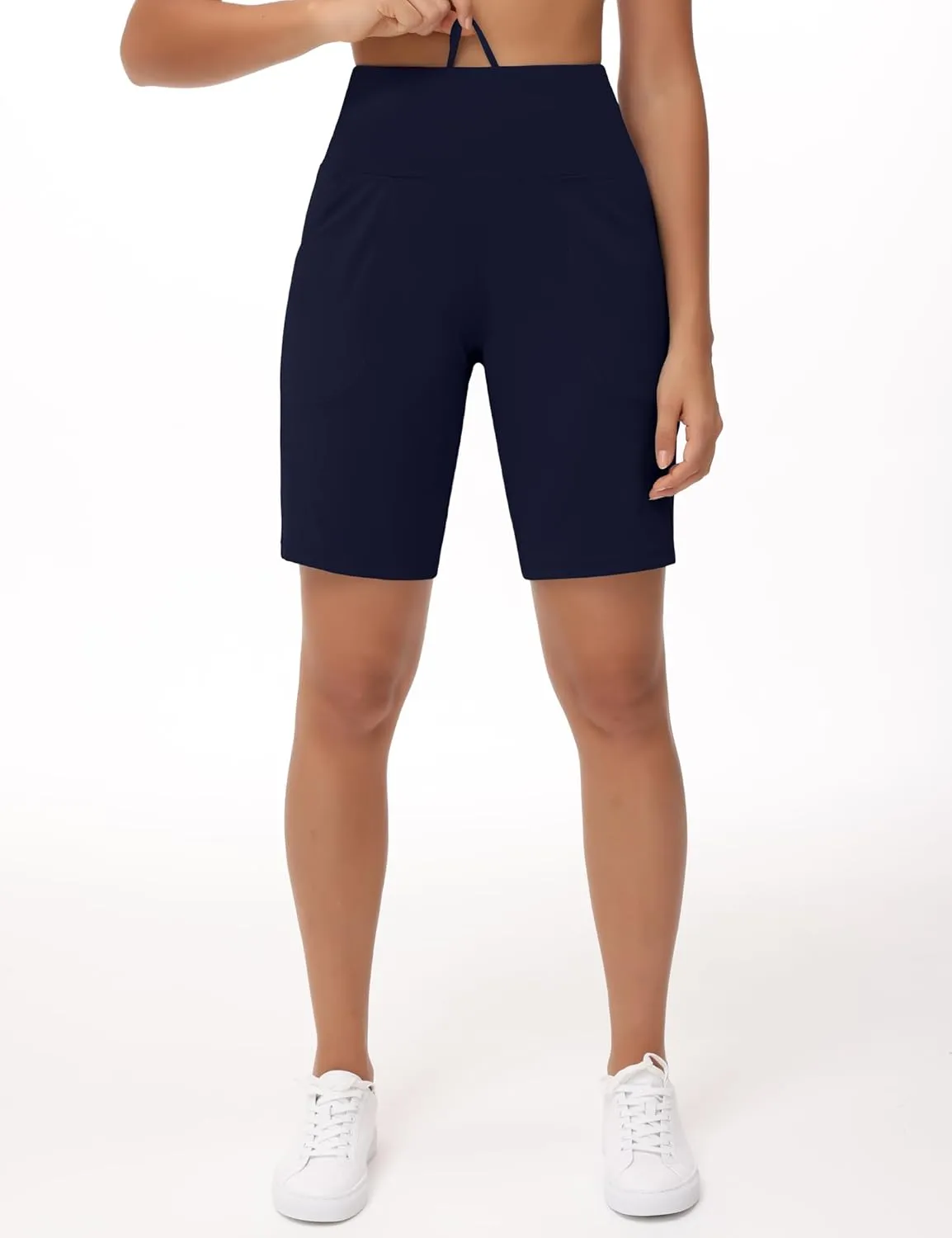 THE GYM PEOPLE Women's High Waisted Bermuda Workout Shorts Long Hiking Running Shorts with Zipper Pockets
