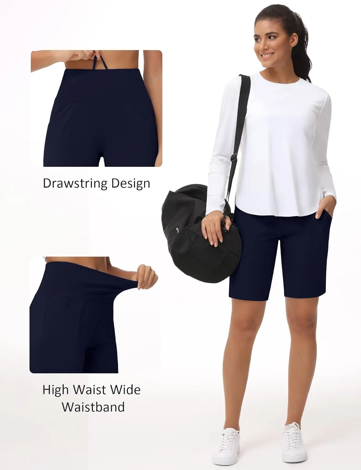 THE GYM PEOPLE Women's High Waisted Bermuda Workout Shorts Long Hiking Running Shorts with Zipper Pockets