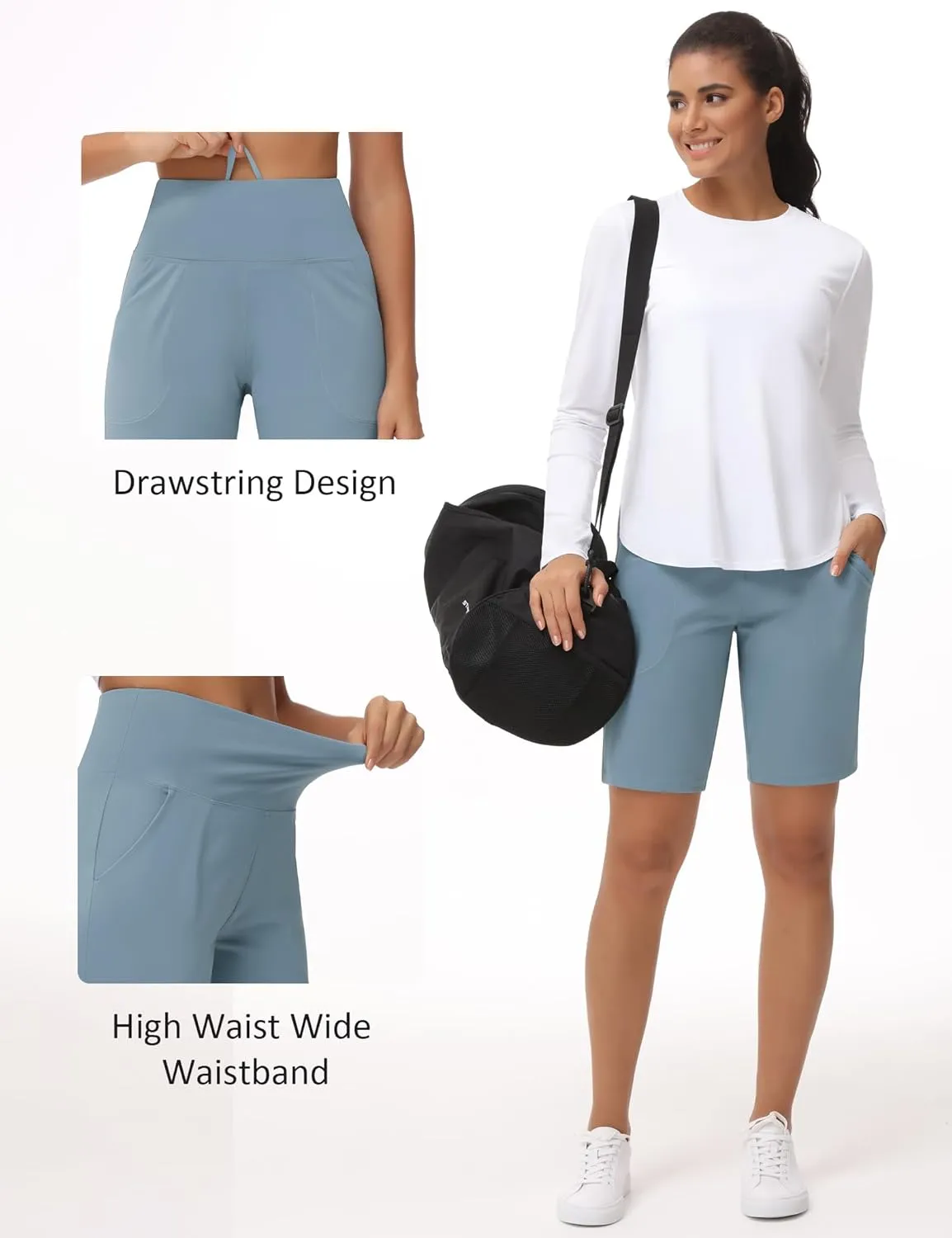 THE GYM PEOPLE Women's High Waisted Bermuda Workout Shorts Long Hiking Running Shorts with Zipper Pockets