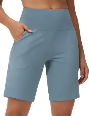 THE GYM PEOPLE Women's High Waisted Bermuda Workout Shorts Long Hiking Running Shorts with Zipper Pockets