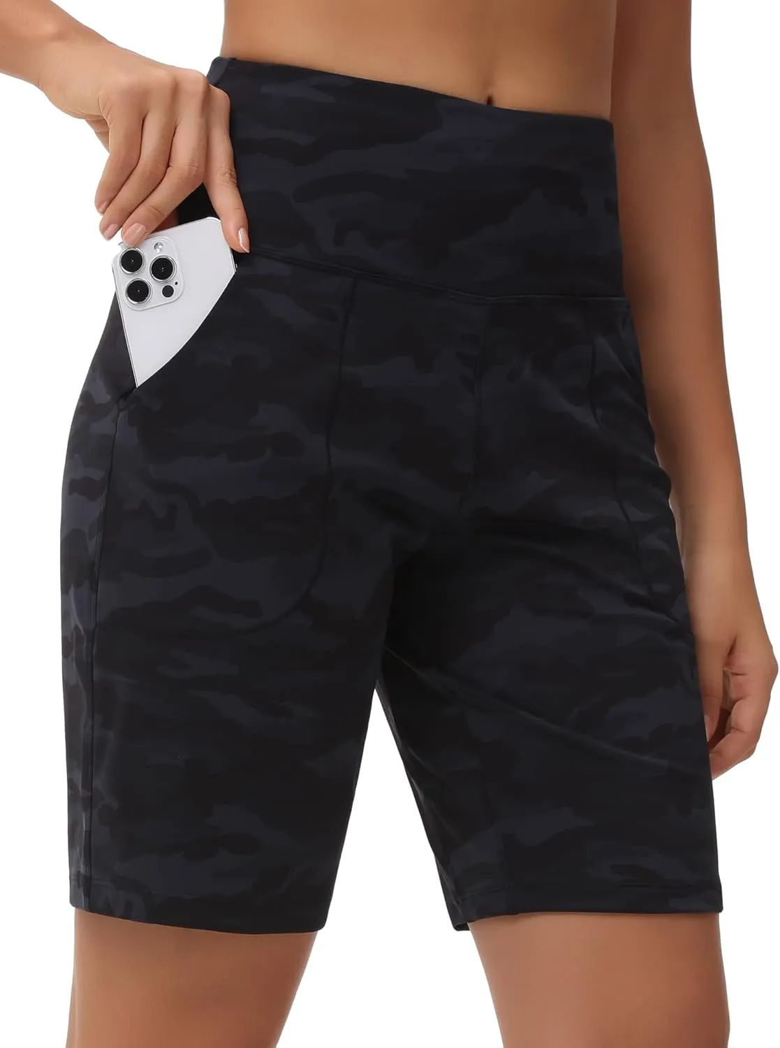 THE GYM PEOPLE Women's High Waisted Bermuda Workout Shorts Long Hiking Running Shorts with Zipper Pockets