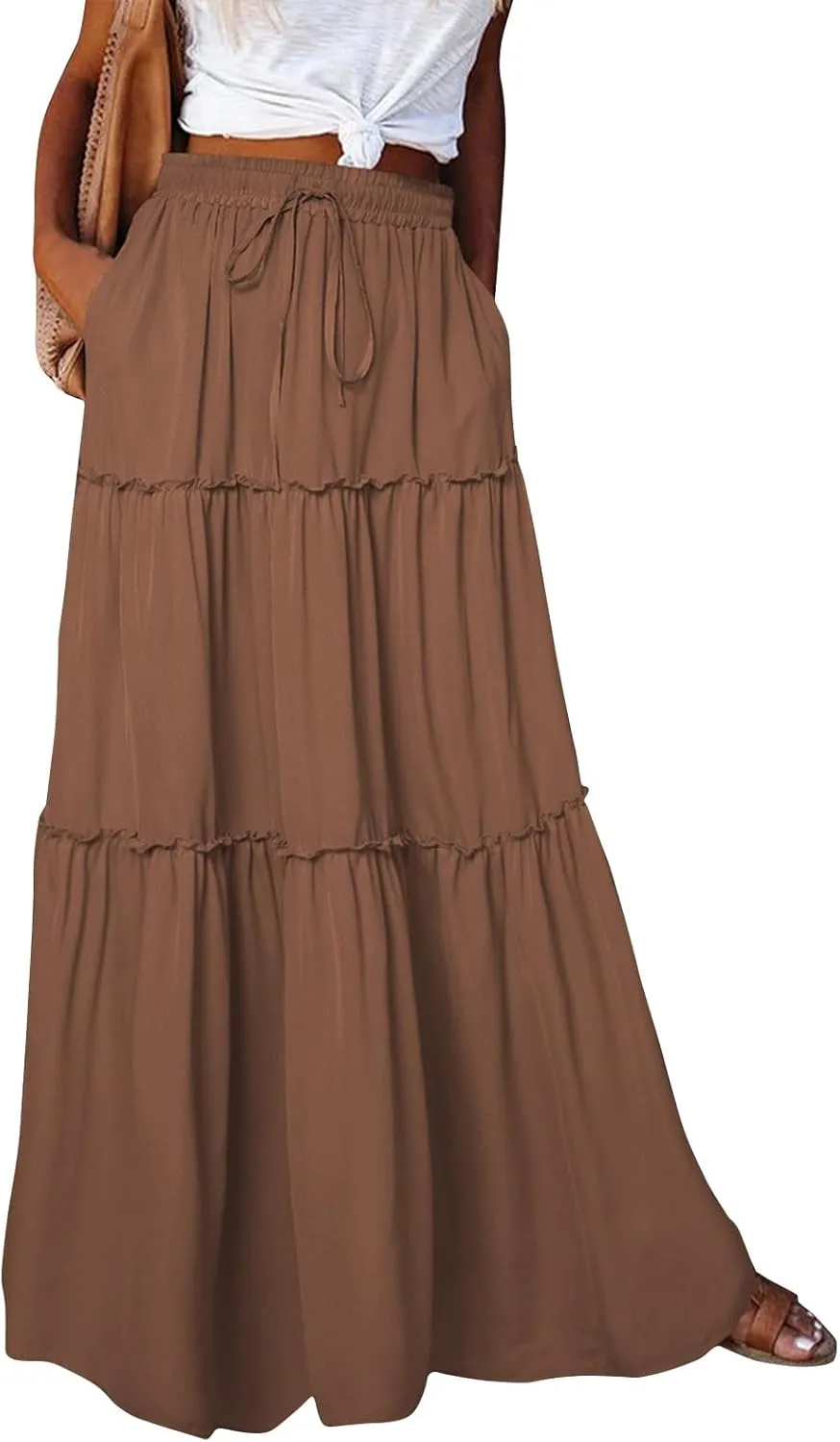 Tiered Maxi Skirts for Women Trendy Casual Elastic High Waisted Flowy Skirt Fall Fashion Ruffle Skirts