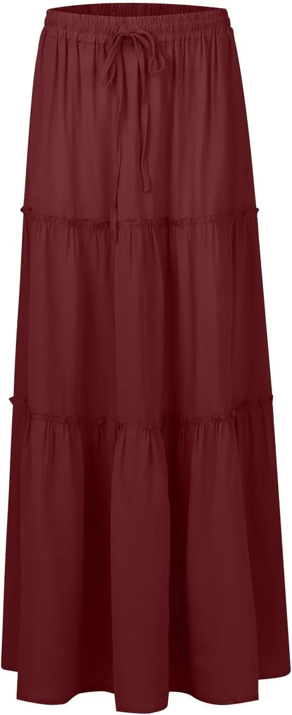 Tiered Maxi Skirts for Women Trendy Casual Elastic High Waisted Flowy Skirt Fall Fashion Ruffle Skirts