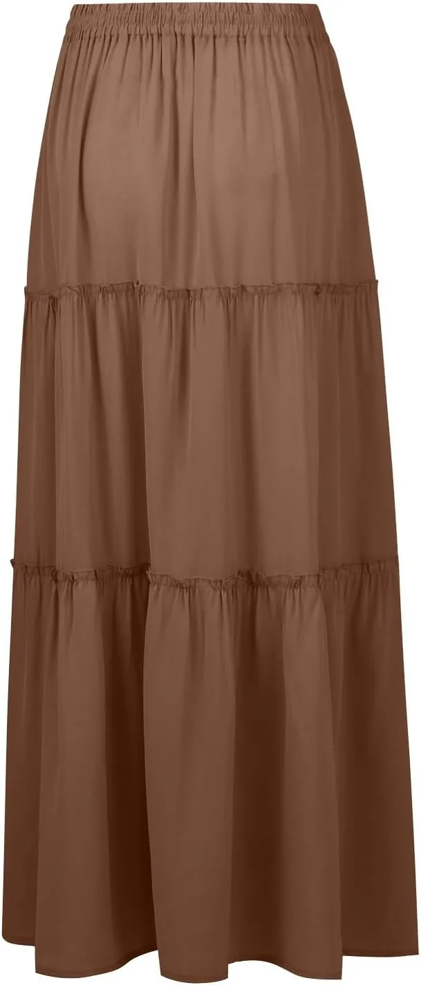 Tiered Maxi Skirts for Women Trendy Casual Elastic High Waisted Flowy Skirt Fall Fashion Ruffle Skirts