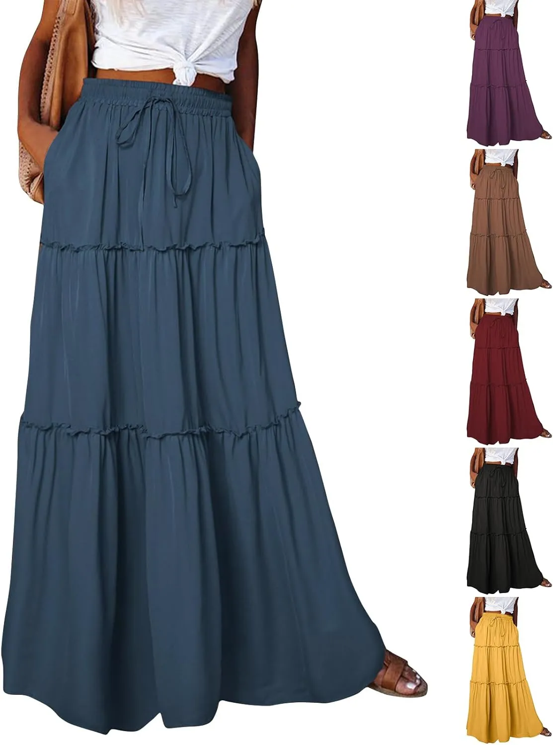 Tiered Maxi Skirts for Women Trendy Casual Elastic High Waisted Flowy Skirt Fall Fashion Ruffle Skirts