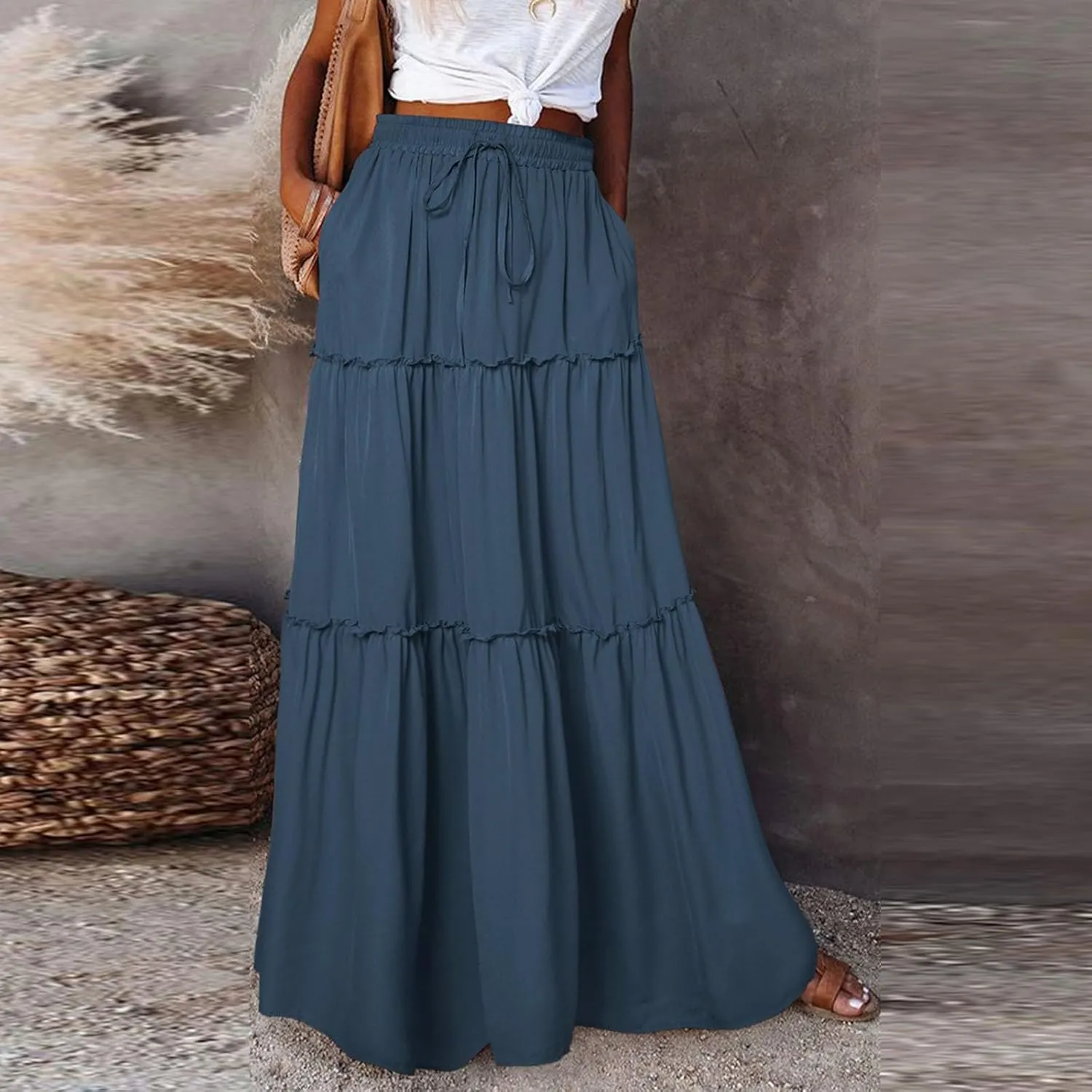 Tiered Maxi Skirts for Women Trendy Casual Elastic High Waisted Flowy Skirt Fall Fashion Ruffle Skirts