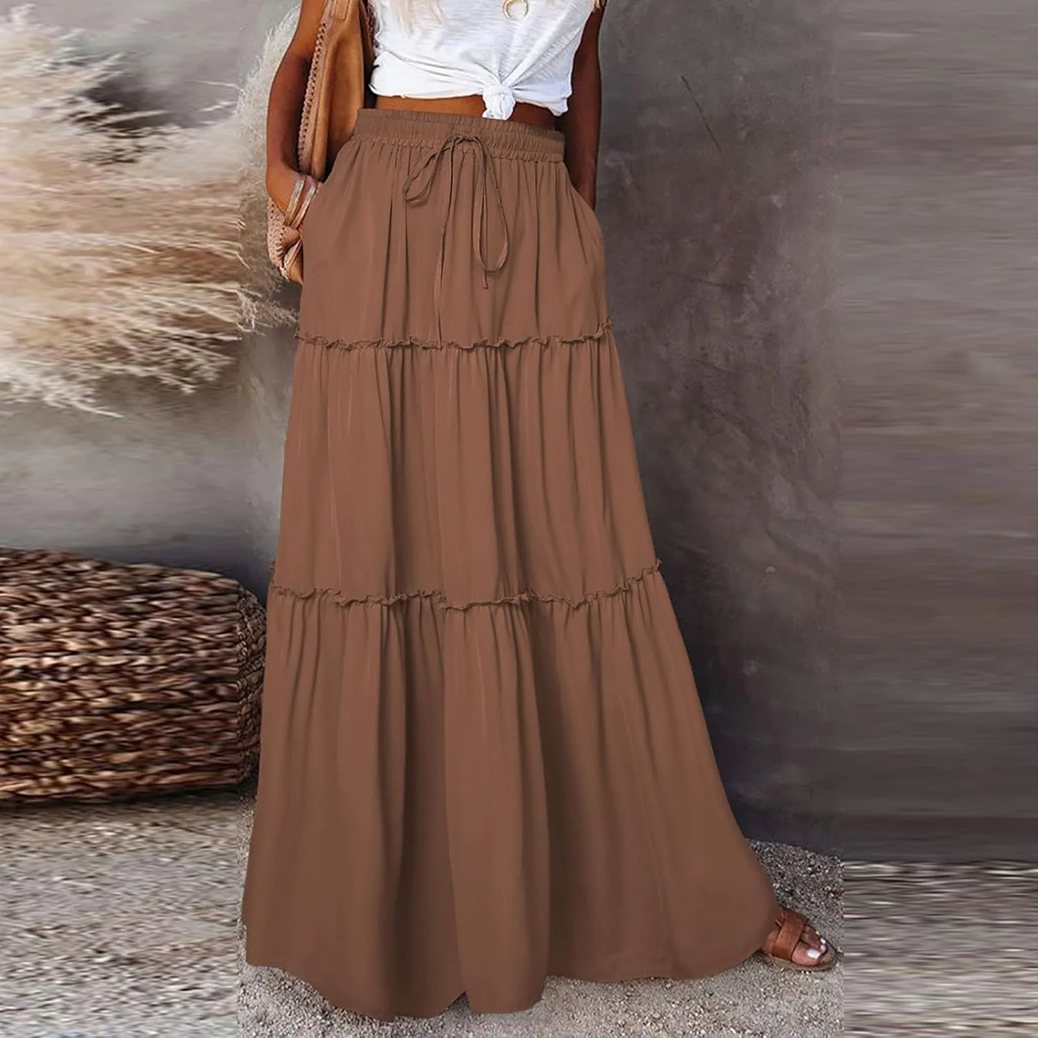 Tiered Maxi Skirts for Women Trendy Casual Elastic High Waisted Flowy Skirt Fall Fashion Ruffle Skirts