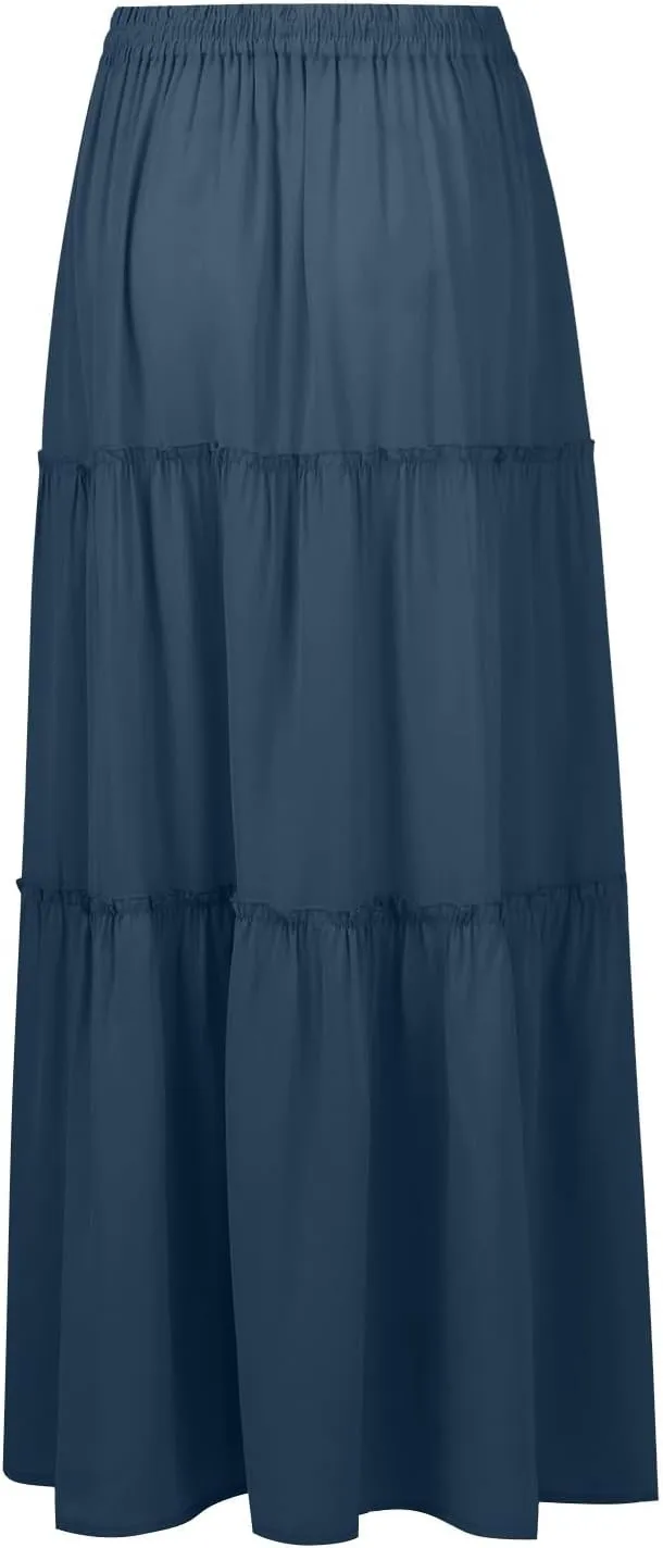 Tiered Maxi Skirts for Women Trendy Casual Elastic High Waisted Flowy Skirt Fall Fashion Ruffle Skirts