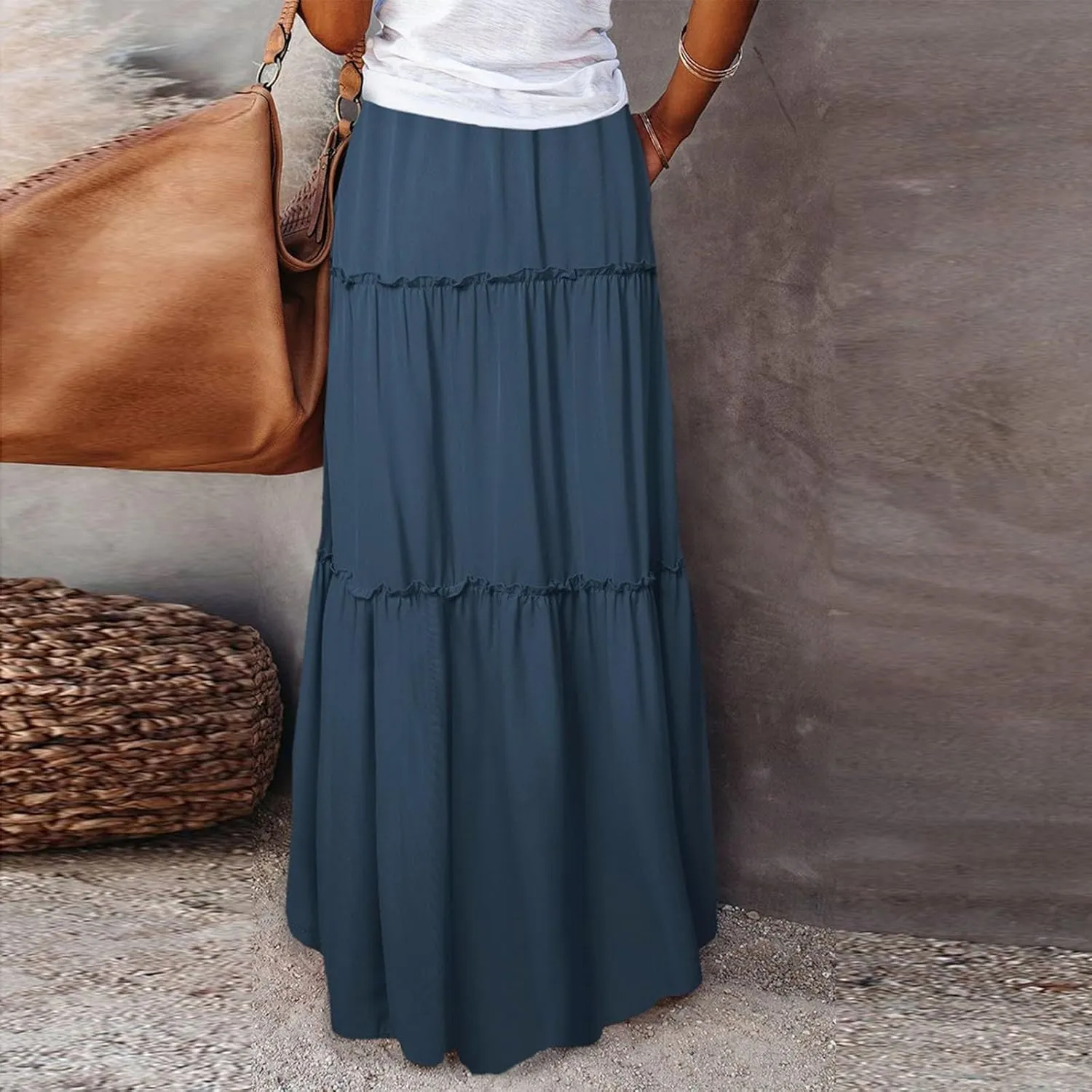 Tiered Maxi Skirts for Women Trendy Casual Elastic High Waisted Flowy Skirt Fall Fashion Ruffle Skirts