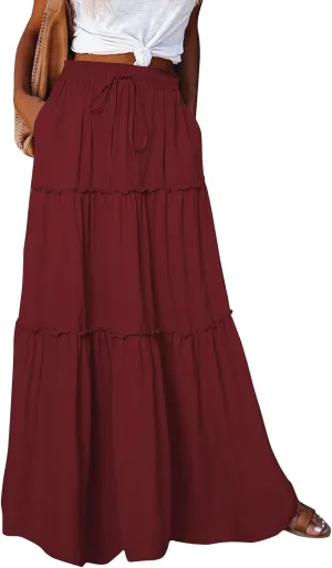 Tiered Maxi Skirts for Women Trendy Casual Elastic High Waisted Flowy Skirt Fall Fashion Ruffle Skirts