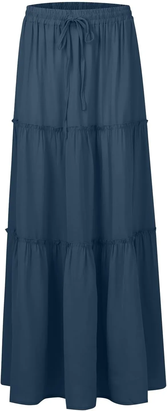 Tiered Maxi Skirts for Women Trendy Casual Elastic High Waisted Flowy Skirt Fall Fashion Ruffle Skirts