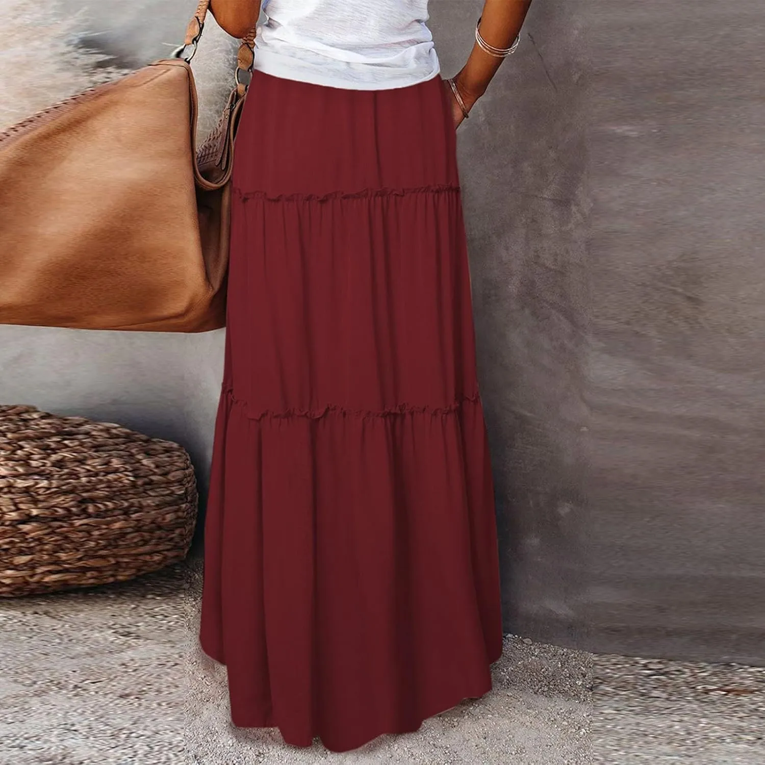 Tiered Maxi Skirts for Women Trendy Casual Elastic High Waisted Flowy Skirt Fall Fashion Ruffle Skirts