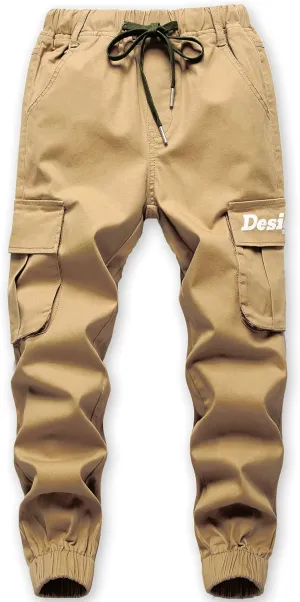 TLAENSON Boys Cargo Pants Cotton Casual Pants Drawstring Loose Jogging Bottoms Elastic Cuffed Cargo Joggers