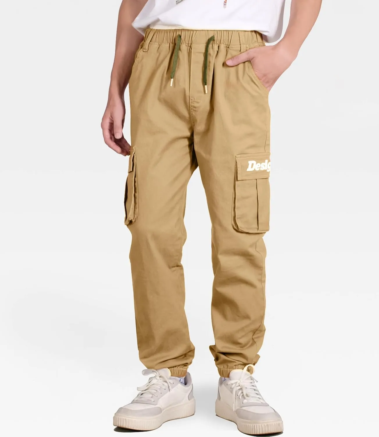 TLAENSON Boys Cargo Pants Cotton Casual Pants Drawstring Loose Jogging Bottoms Elastic Cuffed Cargo Joggers