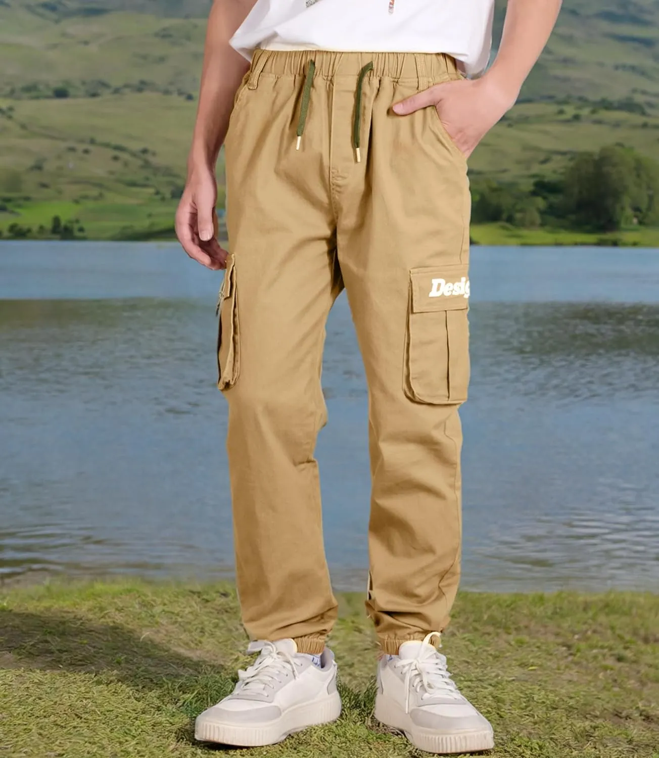 TLAENSON Boys Cargo Pants Cotton Casual Pants Drawstring Loose Jogging Bottoms Elastic Cuffed Cargo Joggers