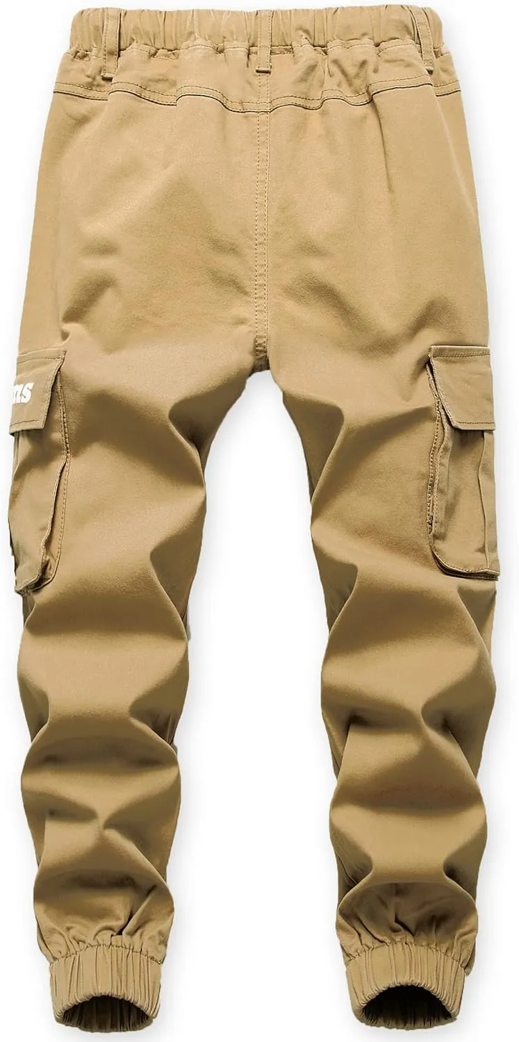 TLAENSON Boys Cargo Pants Cotton Casual Pants Drawstring Loose Jogging Bottoms Elastic Cuffed Cargo Joggers