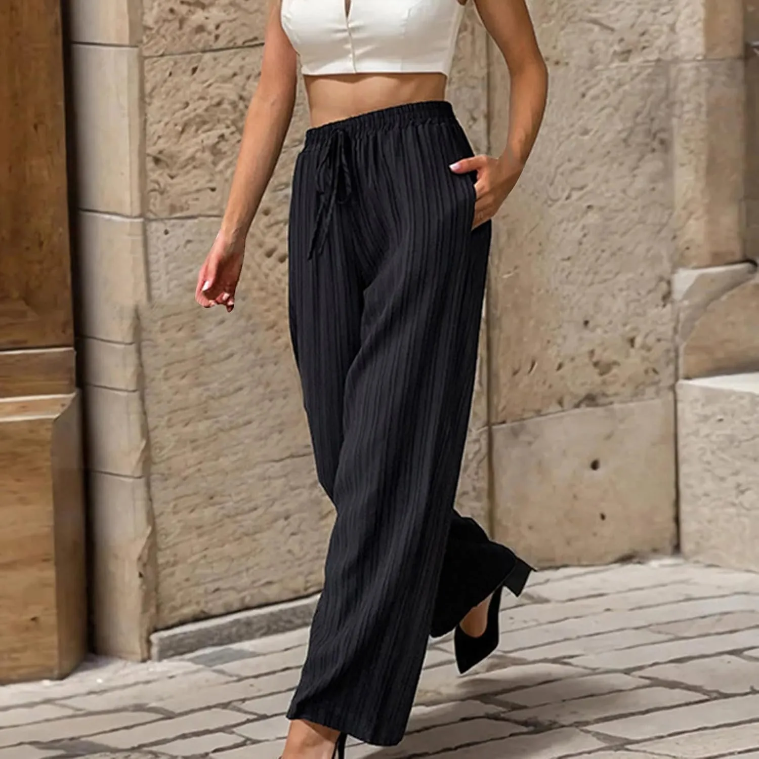 Uillui Women's Casual Ribbed Pants Loose Fit High Waist Lace-Up Trousers Dressy Straight Leg Work Pants Solid Wide Leg Pants