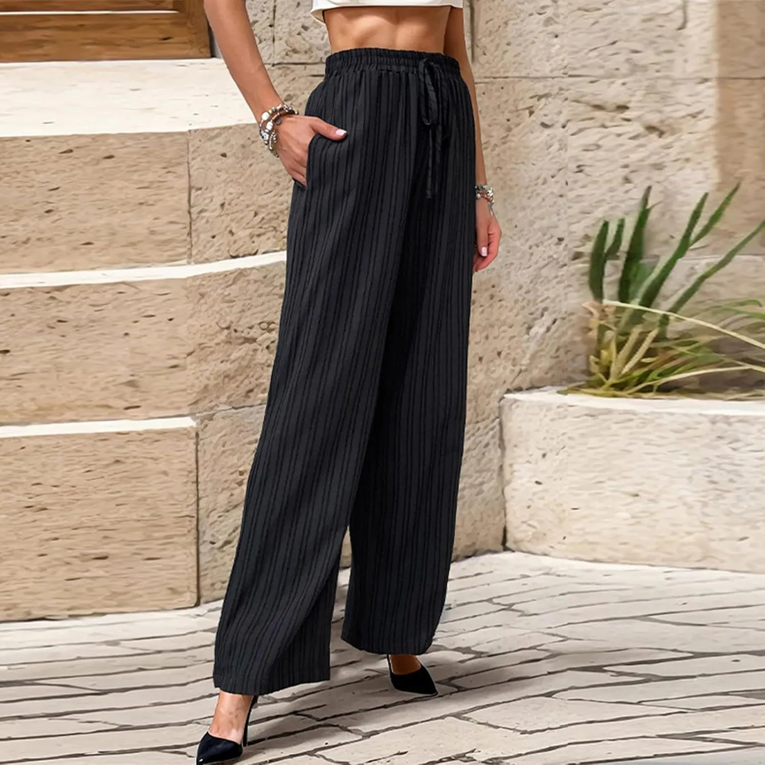 Uillui Women's Casual Ribbed Pants Loose Fit High Waist Lace-Up Trousers Dressy Straight Leg Work Pants Solid Wide Leg Pants