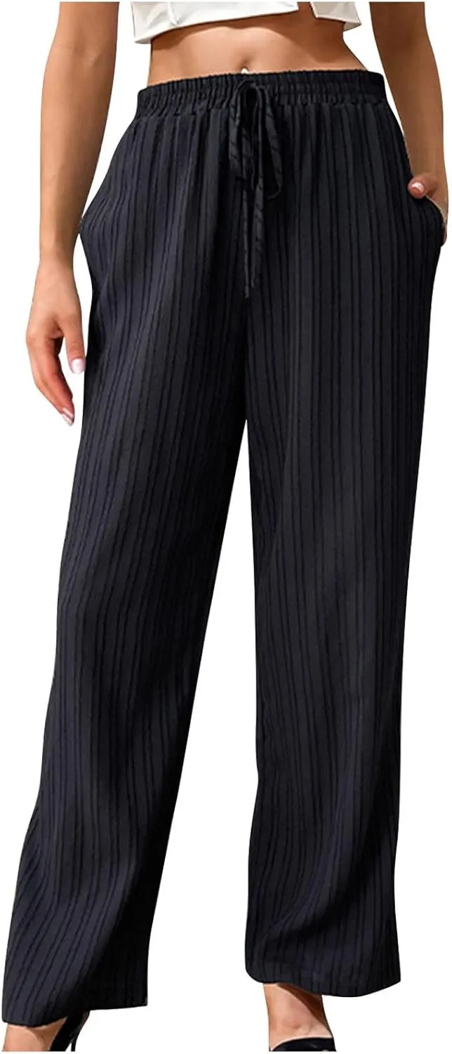 Uillui Women's Casual Ribbed Pants Loose Fit High Waist Lace-Up Trousers Dressy Straight Leg Work Pants Solid Wide Leg Pants