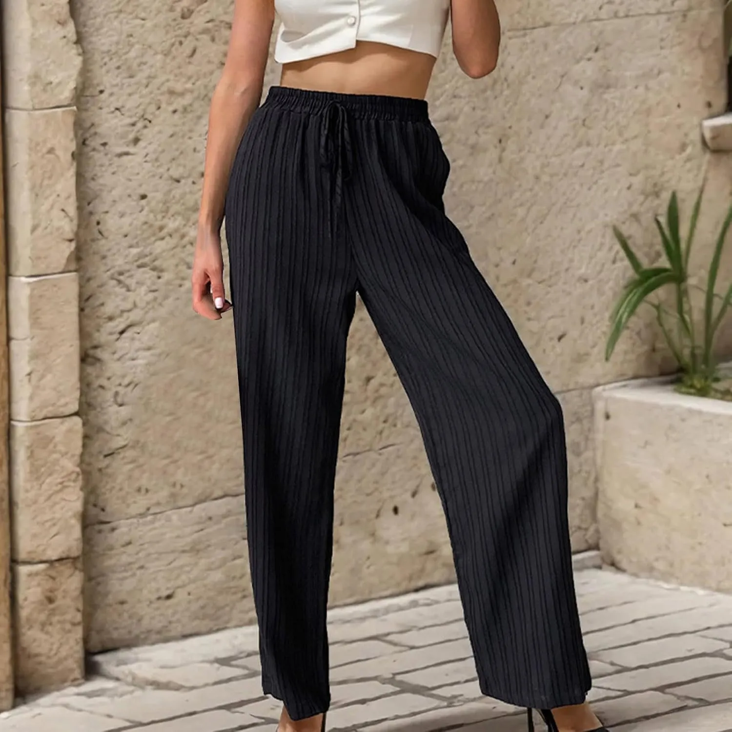 Uillui Women's Casual Ribbed Pants Loose Fit High Waist Lace-Up Trousers Dressy Straight Leg Work Pants Solid Wide Leg Pants