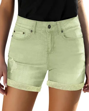 Utyful Women's Casual High Waisted Distressed Shorts Folded Hem Stretch Jean Denim Shorts