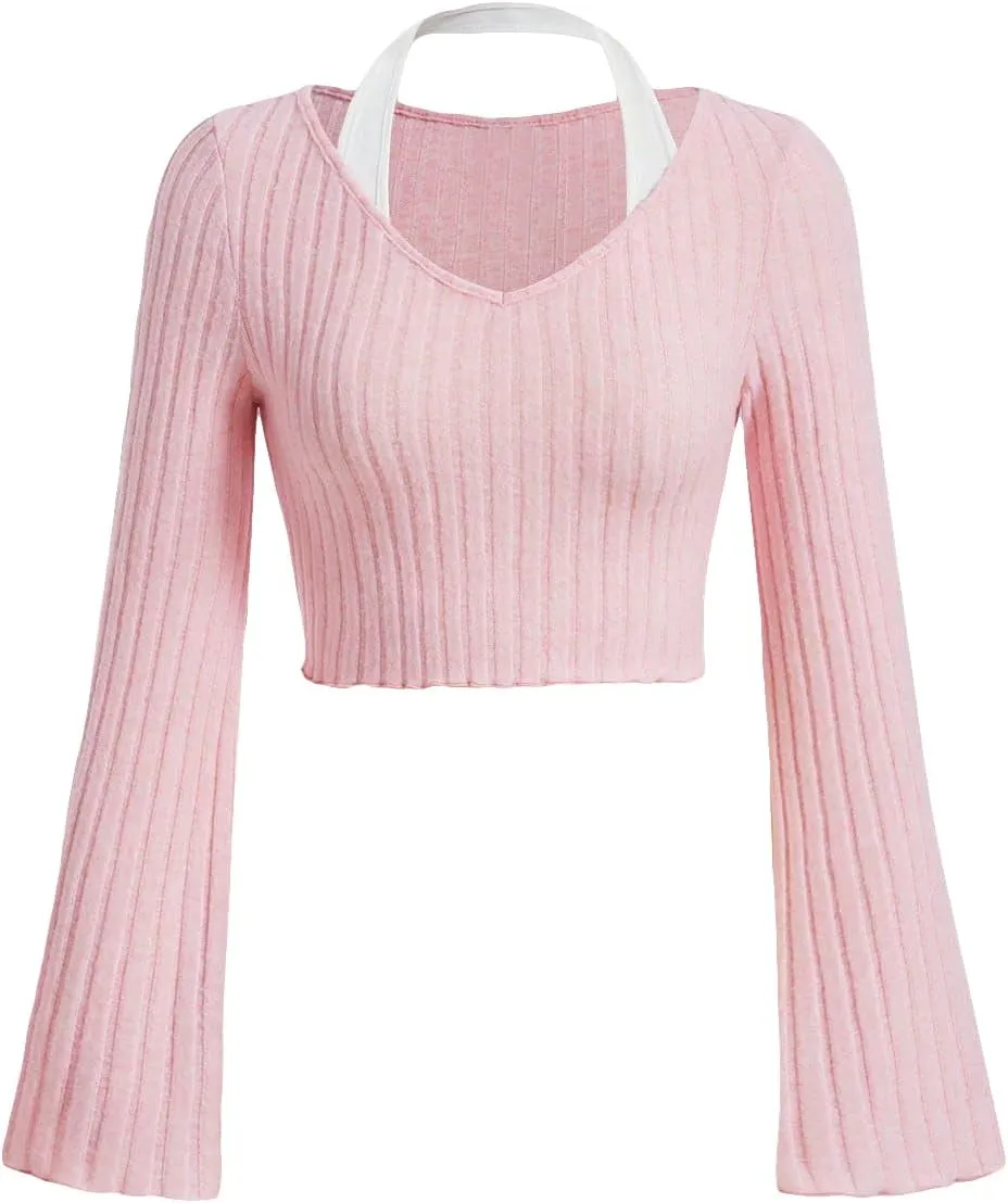 Verdusa Women's Halter Neck Crop Tee Tops Long Sleeve Ribbed T Shirt