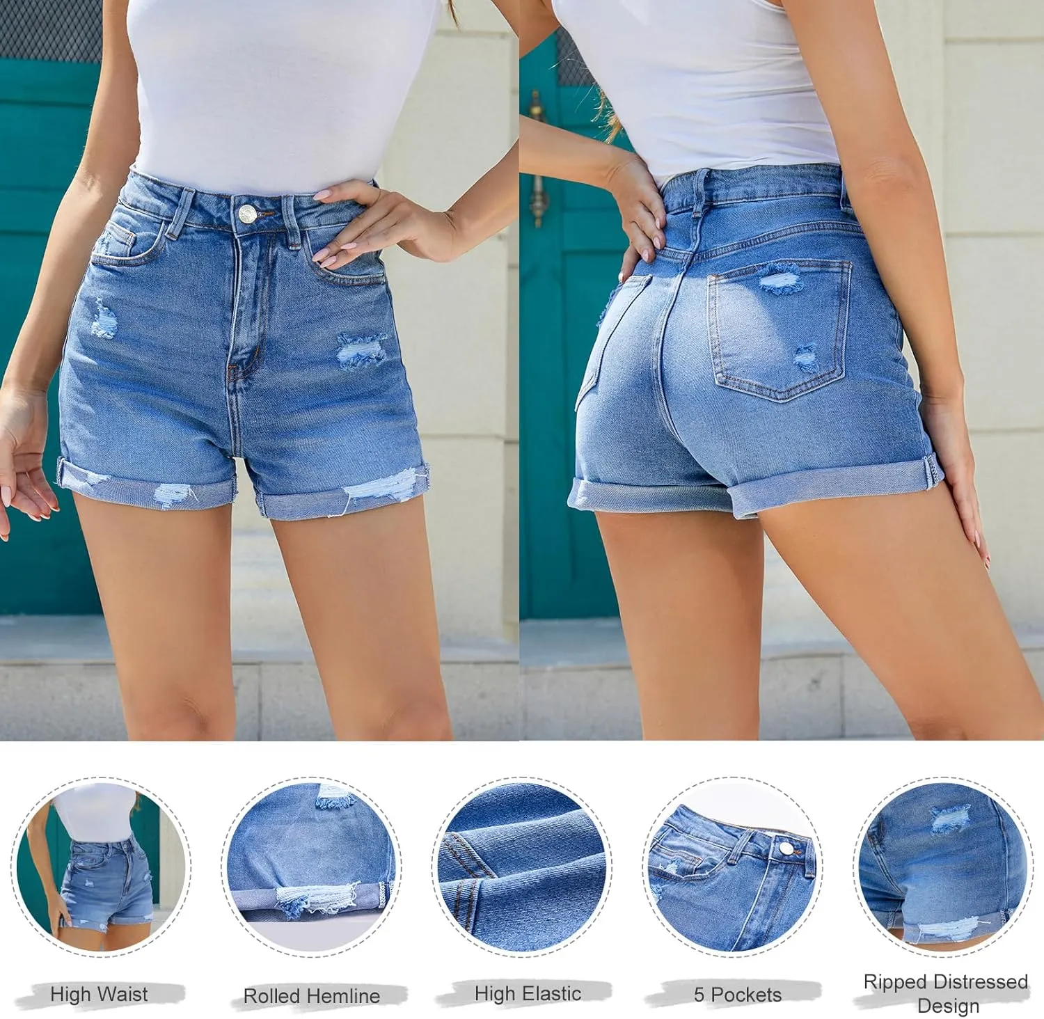 VIPONES Women Denim Shorts High Rise Trendy Stretch Frayed Summer Casual Jean Shorts