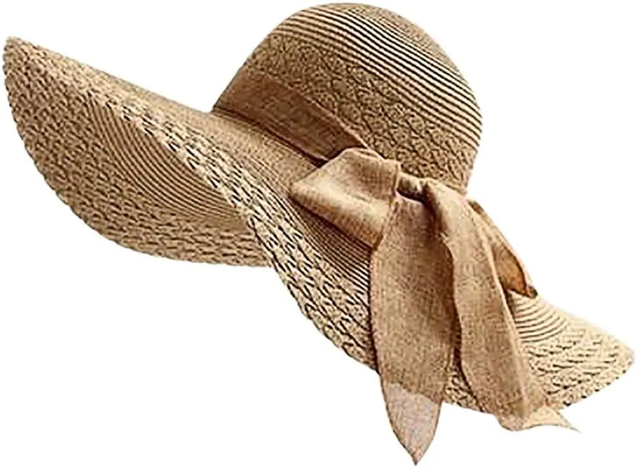 Wide Brim Sun Hats for Women Solid Summer Straw Bucket Hats with Bowknot Casual Beach Seaside Holiday Hats