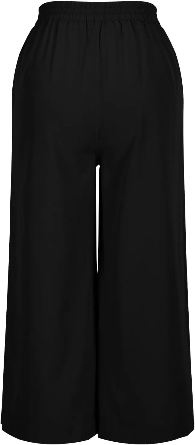 Wide Leg Capri Pants for Women Summer Drawstring Elastic Waist Pants Trendy Split Hem Cropped Trousers with Pockets