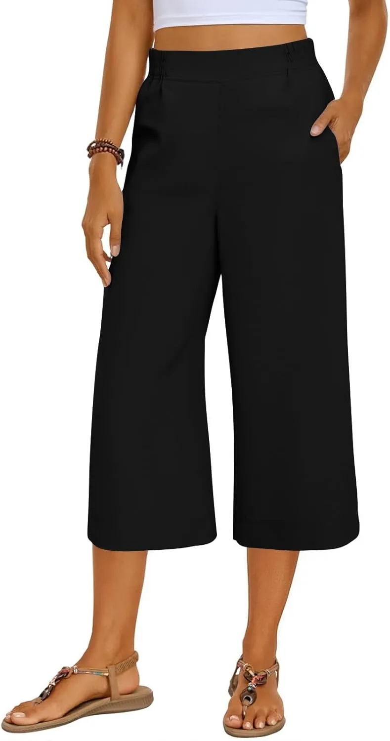 Wide Leg Capri Pants for Women Summer Drawstring Elastic Waist Pants Trendy Split Hem Cropped Trousers with Pockets