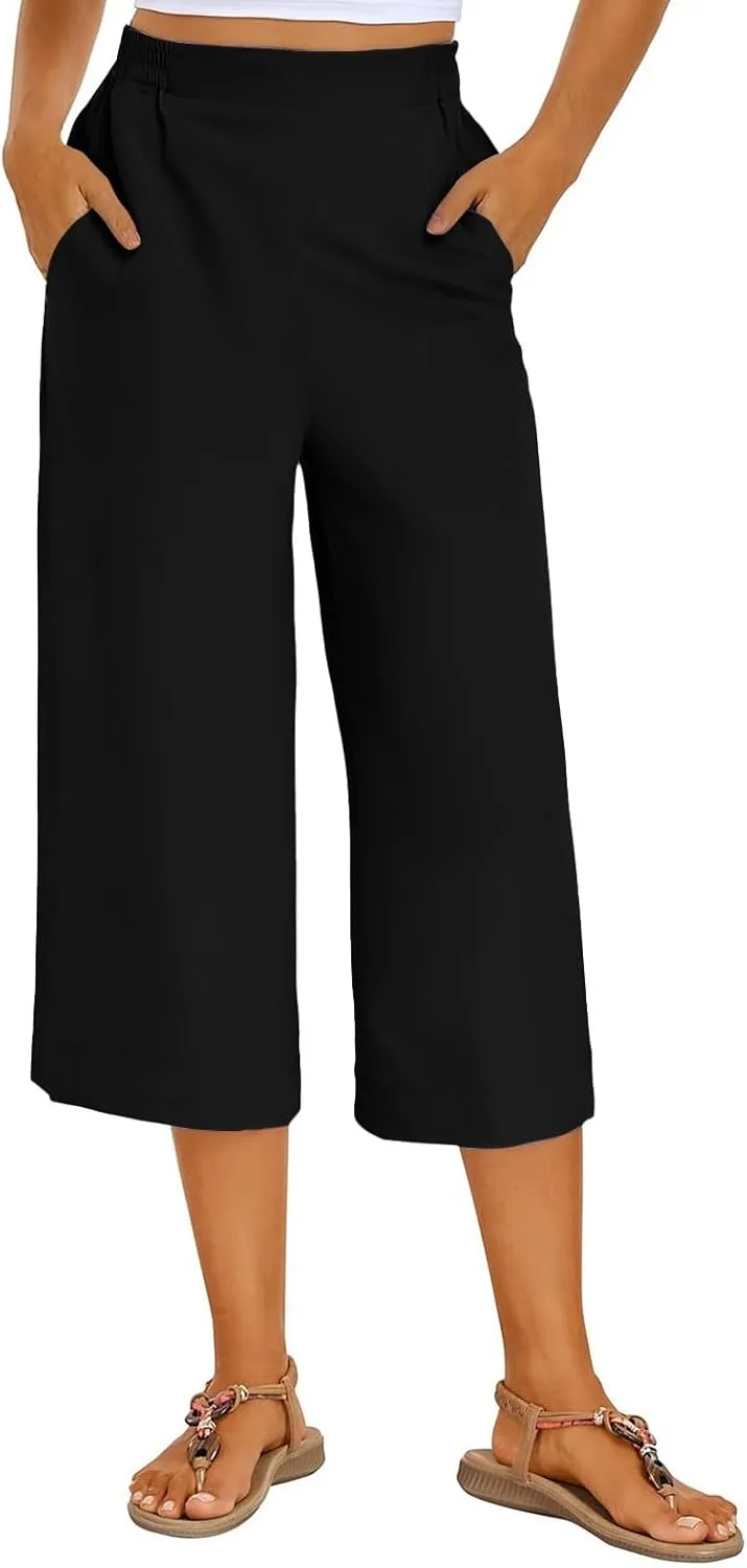 Wide Leg Capri Pants for Women Summer Drawstring Elastic Waist Pants Trendy Split Hem Cropped Trousers with Pockets