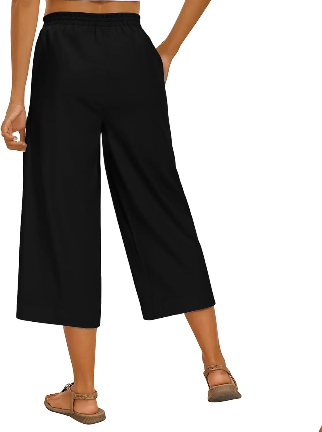 Wide Leg Capri Pants for Women Summer Drawstring Elastic Waist Pants Trendy Split Hem Cropped Trousers with Pockets