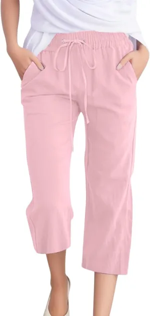 Wide Leg Cropped Pants For Women Pull On Comfy Straight Leg Linen Capris Summer Light Weight Lounge Trousers 2024