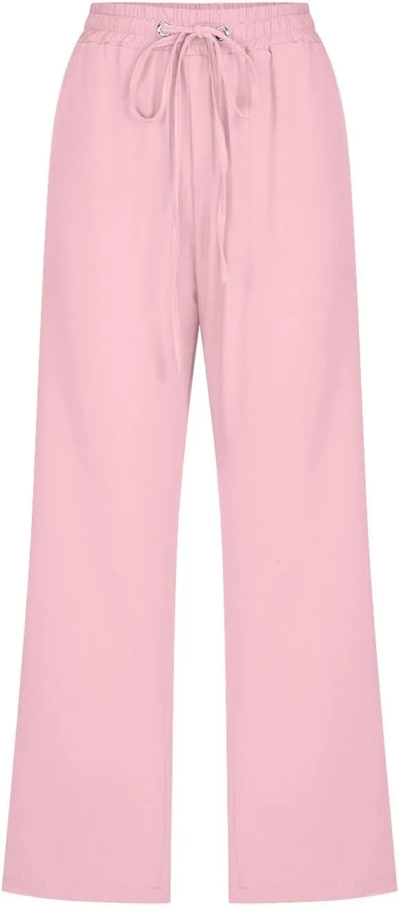 Wide Leg Cropped Pants For Women Pull On Comfy Straight Leg Linen Capris Summer Light Weight Lounge Trousers 2024