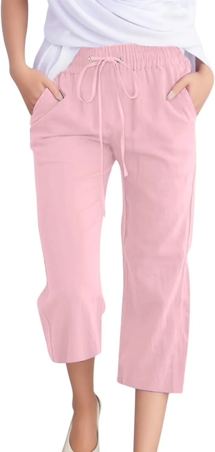 Wide Leg Cropped Pants For Women Pull On Comfy Straight Leg Linen Capris Summer Light Weight Lounge Trousers 2024