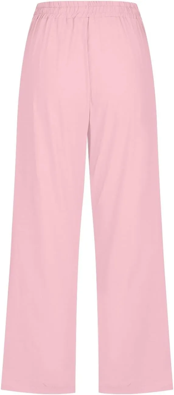 Wide Leg Cropped Pants For Women Pull On Comfy Straight Leg Linen Capris Summer Light Weight Lounge Trousers 2024