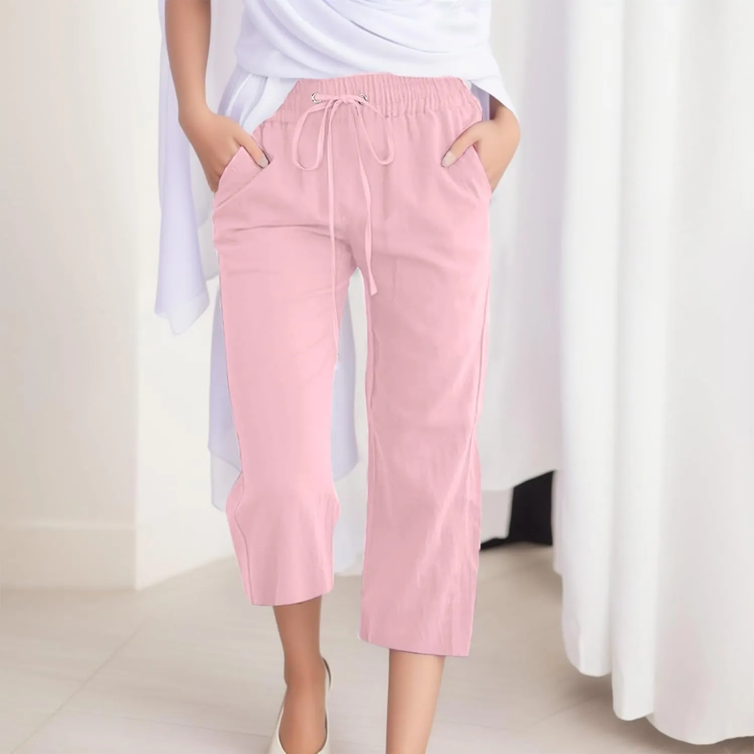 Wide Leg Cropped Pants For Women Pull On Comfy Straight Leg Linen Capris Summer Light Weight Lounge Trousers 2024
