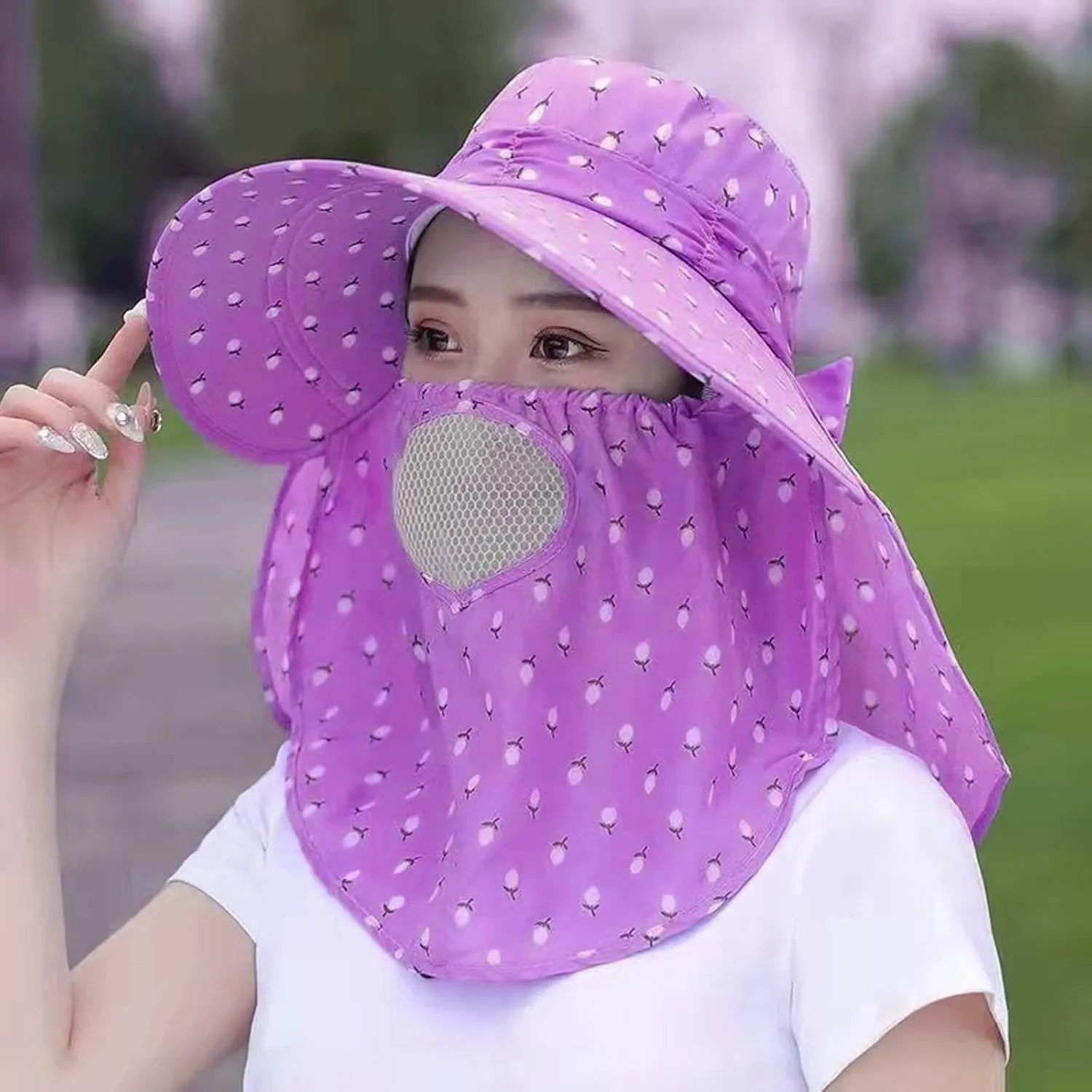 Women Adjustable Print Sun Hats Wide Brim Shawls Breathable Sunscreen Sun Hats Outdoor Riding Ponytail Visors Cap