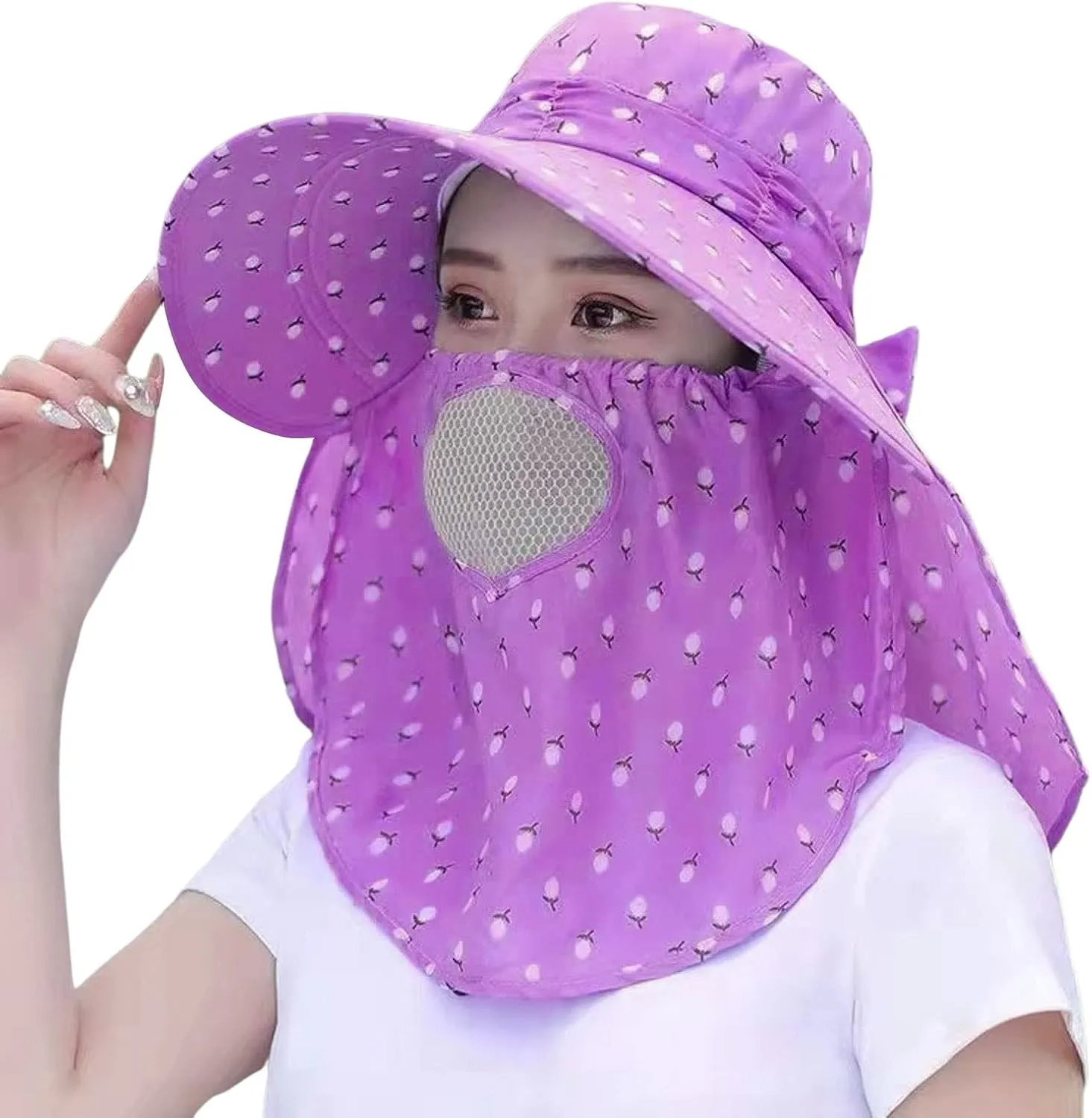 Women Adjustable Print Sun Hats Wide Brim Shawls Breathable Sunscreen Sun Hats Outdoor Riding Ponytail Visors Cap