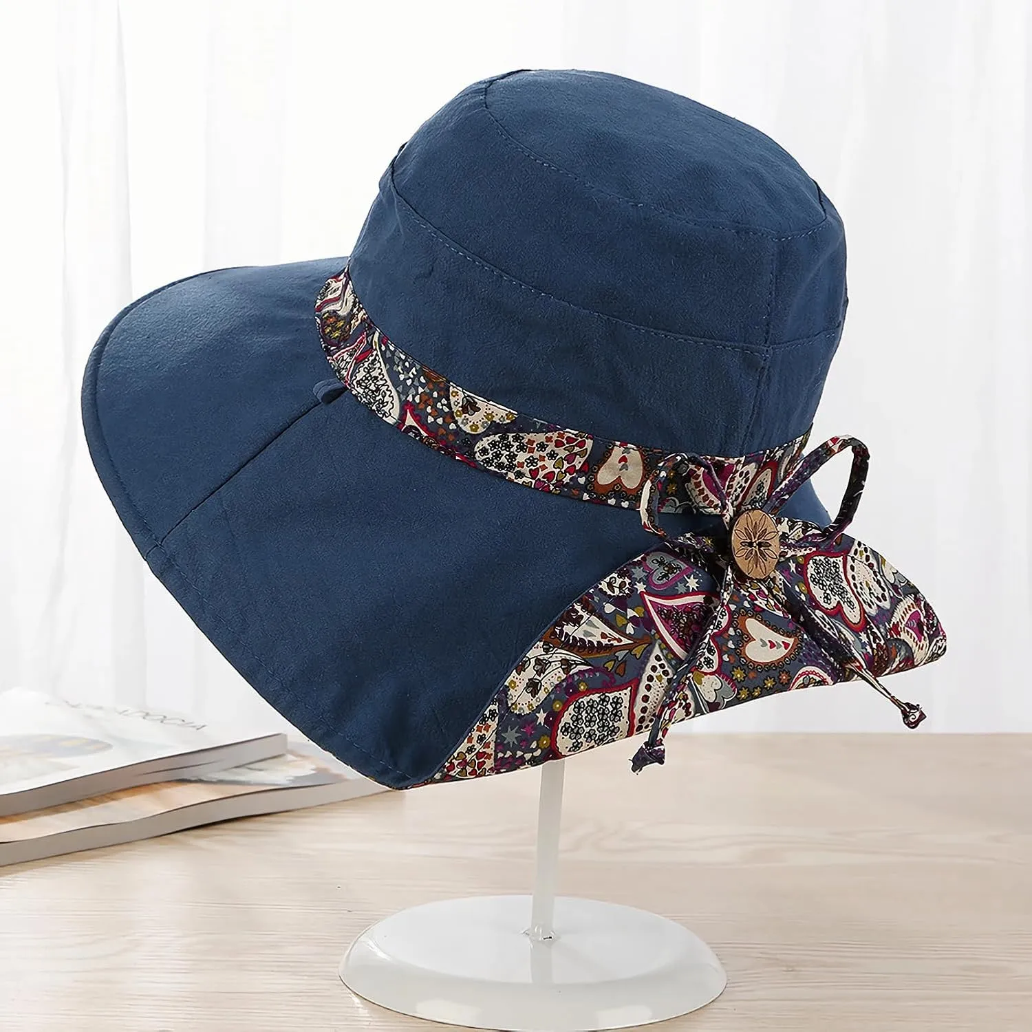 Women Bohemian Reversible Floral Cotton Sun Hat Wide Brim Outdoor Bucket Hats UV Protection
