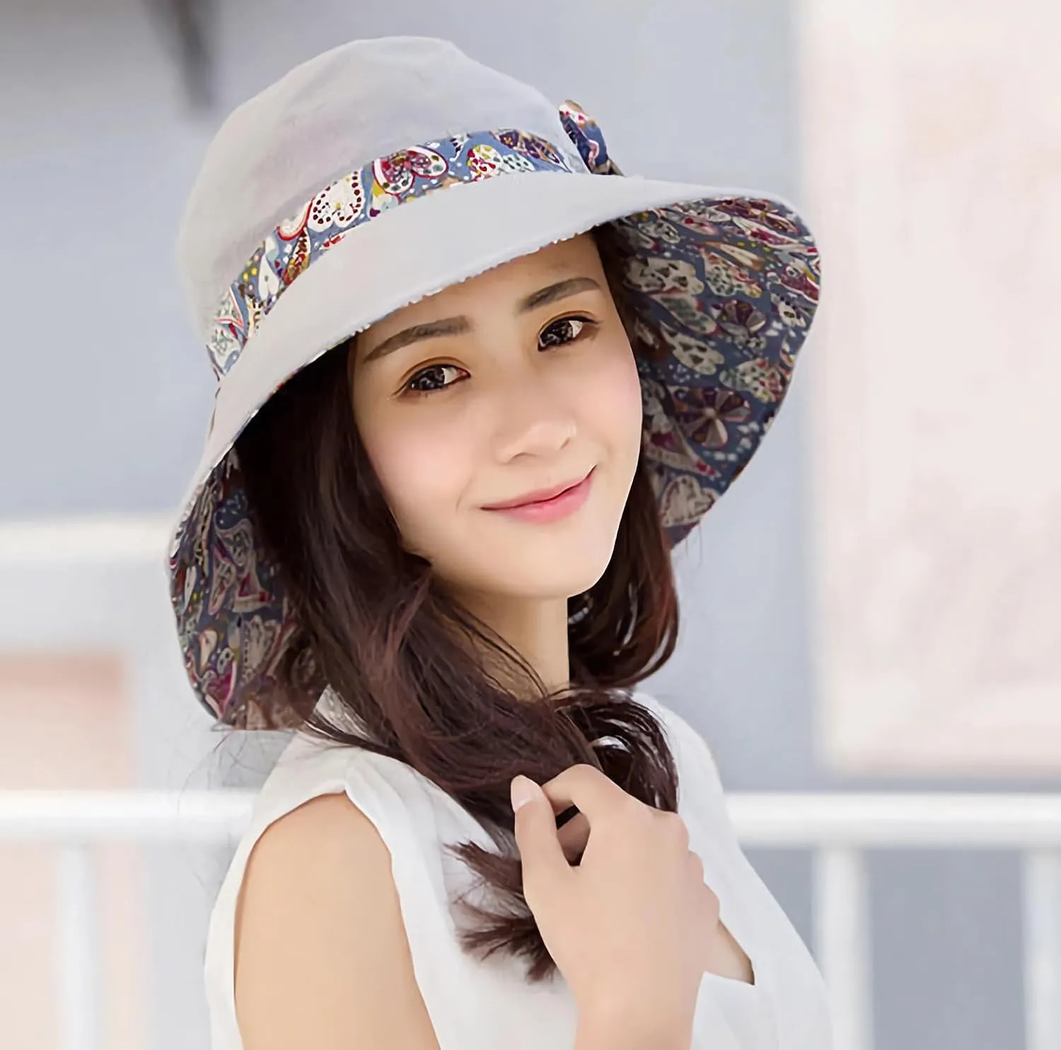 Women Bohemian Reversible Floral Cotton Sun Hat Wide Brim Outdoor Bucket Hats UV Protection