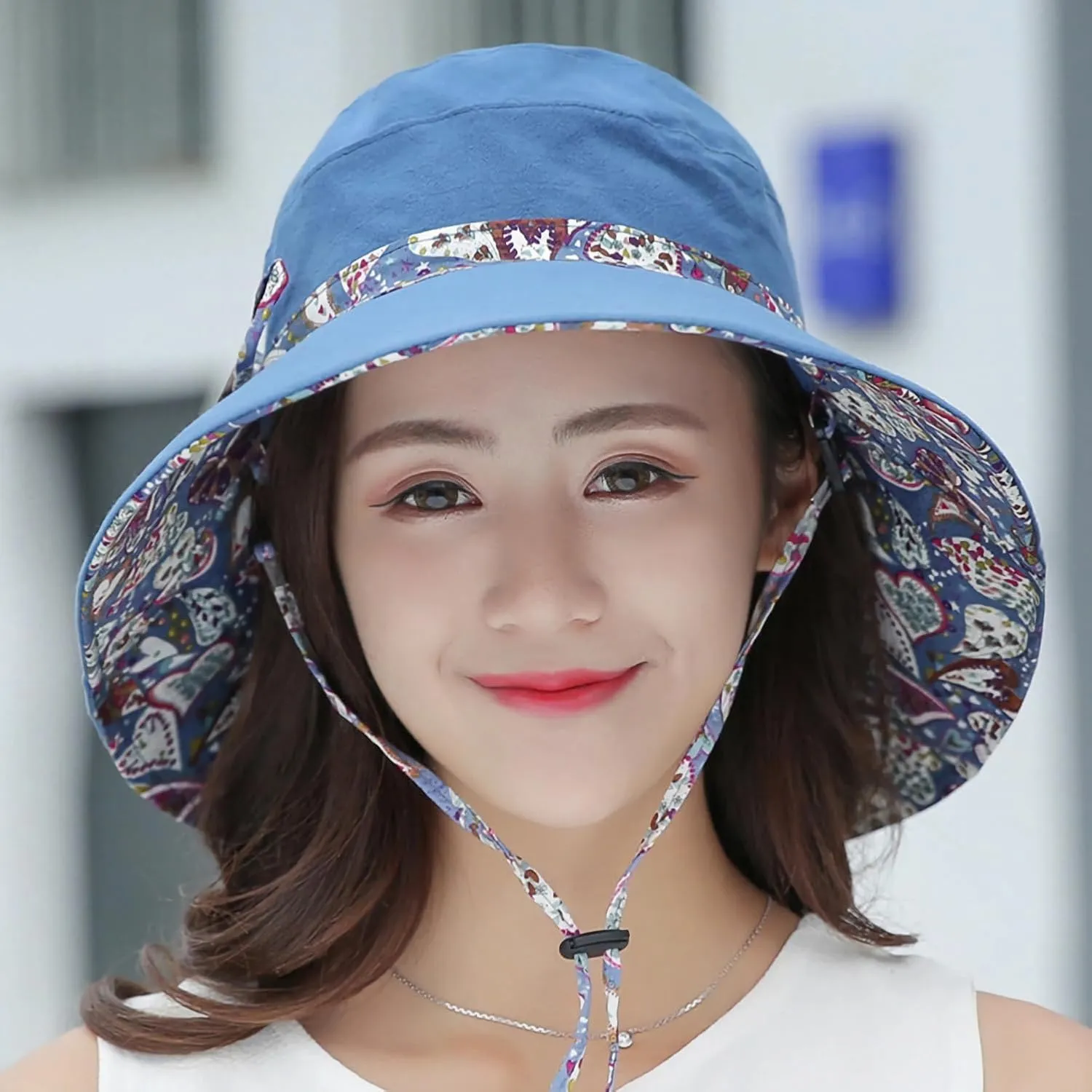 Women Bohemian Reversible Floral Cotton Sun Hat Wide Brim Outdoor Bucket Hats UV Protection