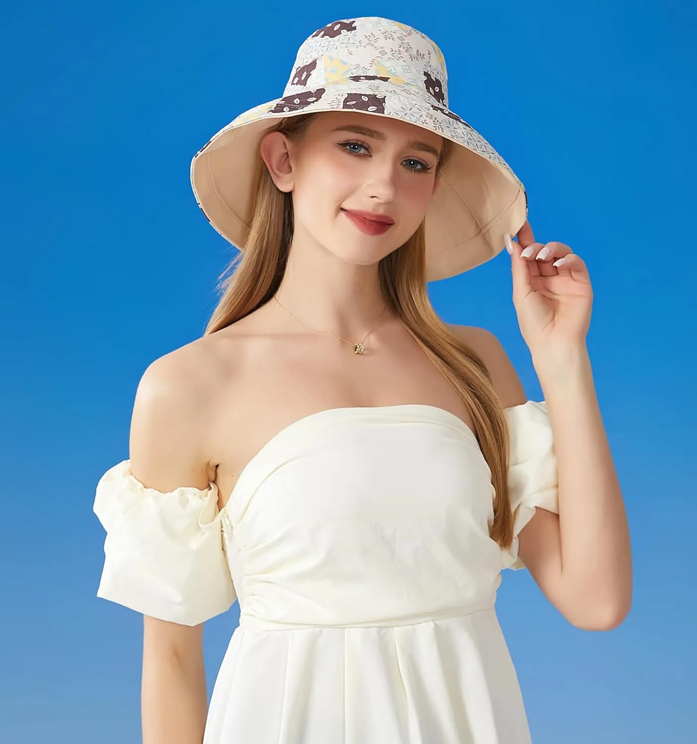 Women Bohemian Reversible Floral Cotton Sun Hat Wide Brim Outdoor Bucket Hats UV Protection