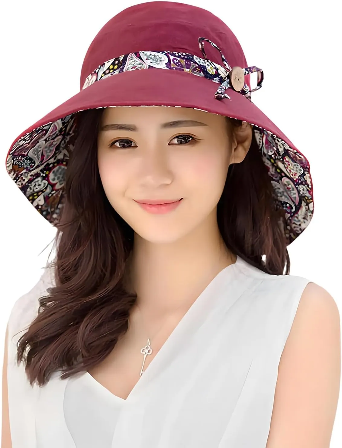 Women Bohemian Reversible Floral Cotton Sun Hat Wide Brim Outdoor Bucket Hats UV Protection