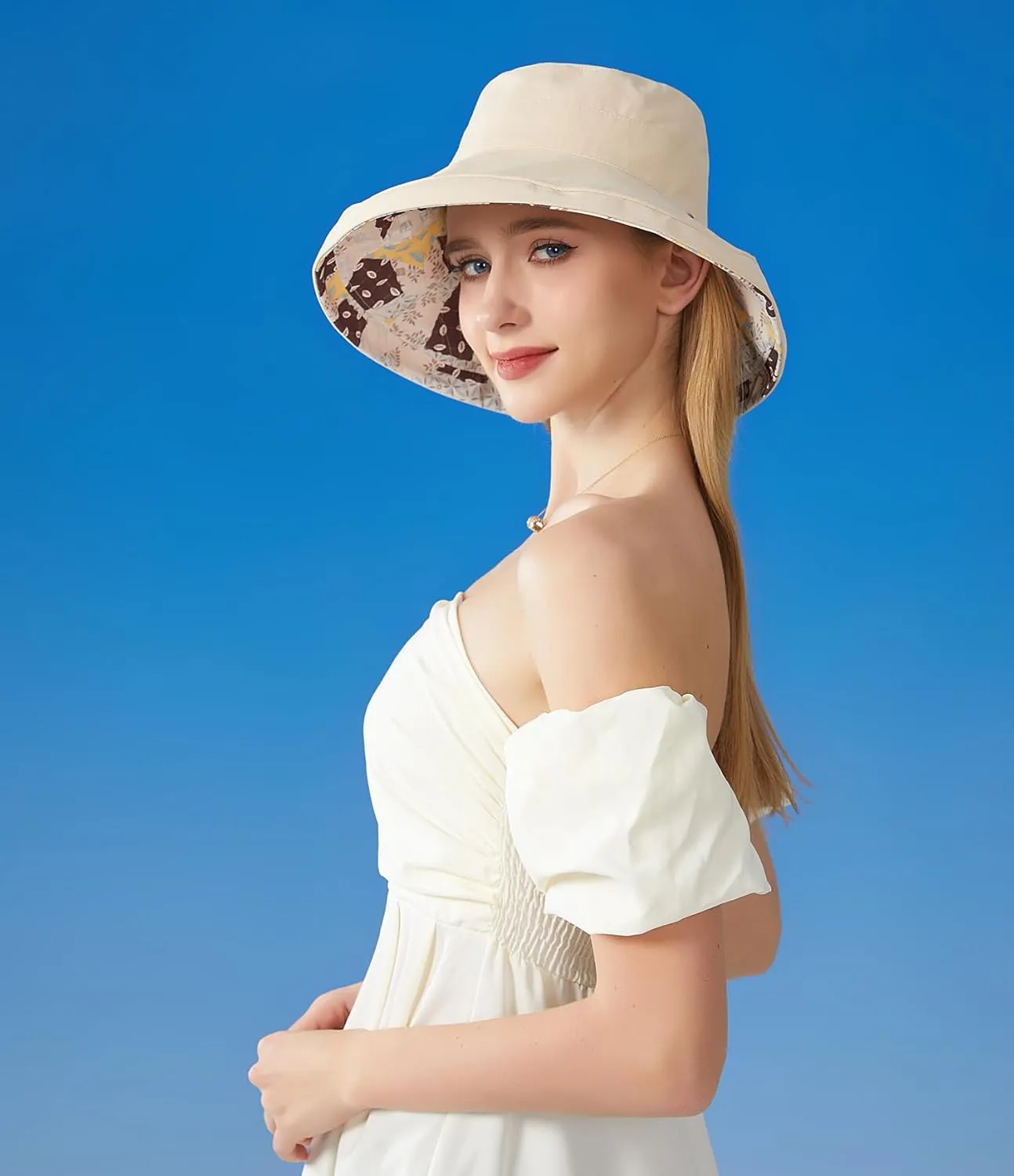 Women Bohemian Reversible Floral Cotton Sun Hat Wide Brim Outdoor Bucket Hats UV Protection