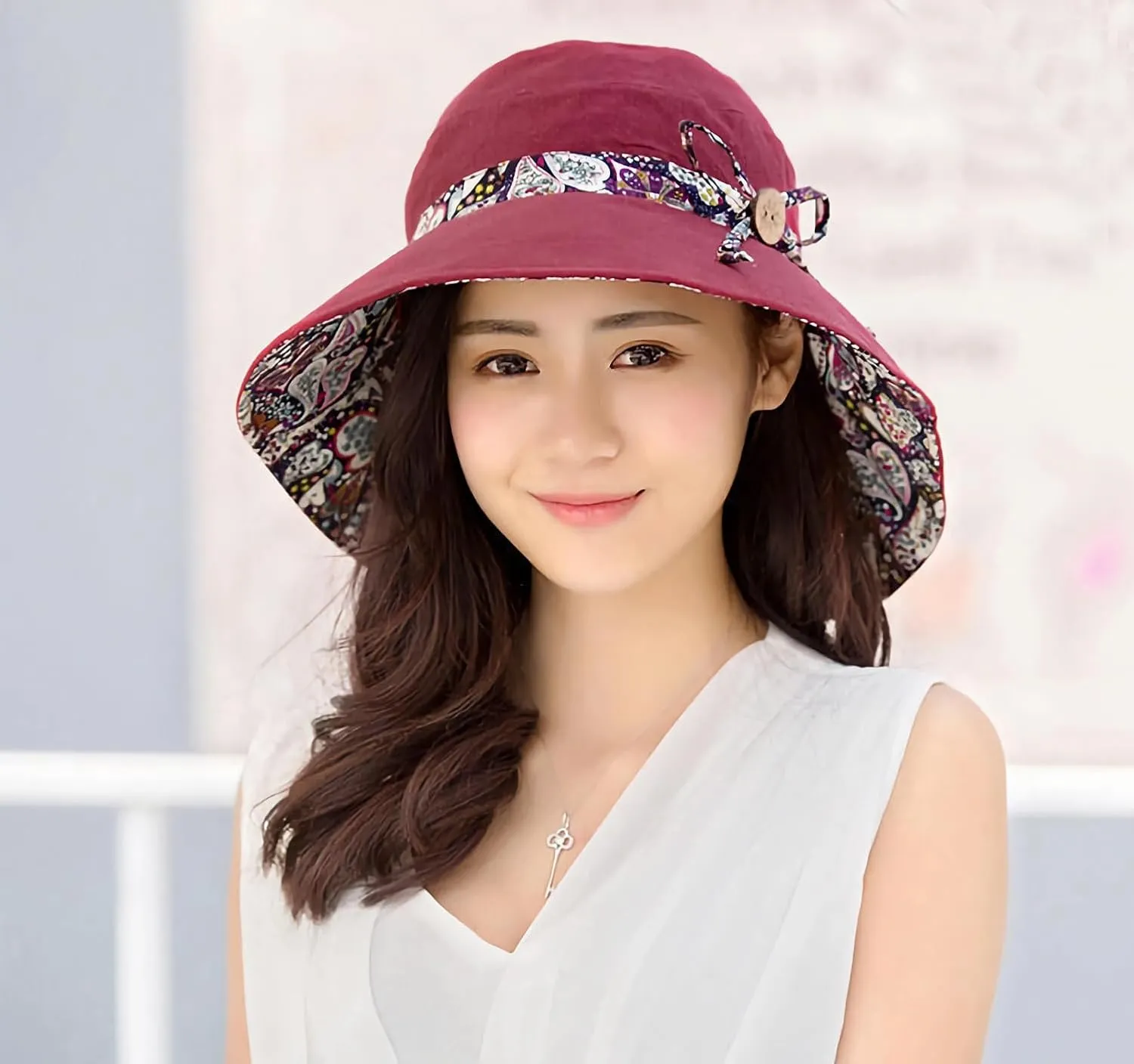 Women Bohemian Reversible Floral Cotton Sun Hat Wide Brim Outdoor Bucket Hats UV Protection