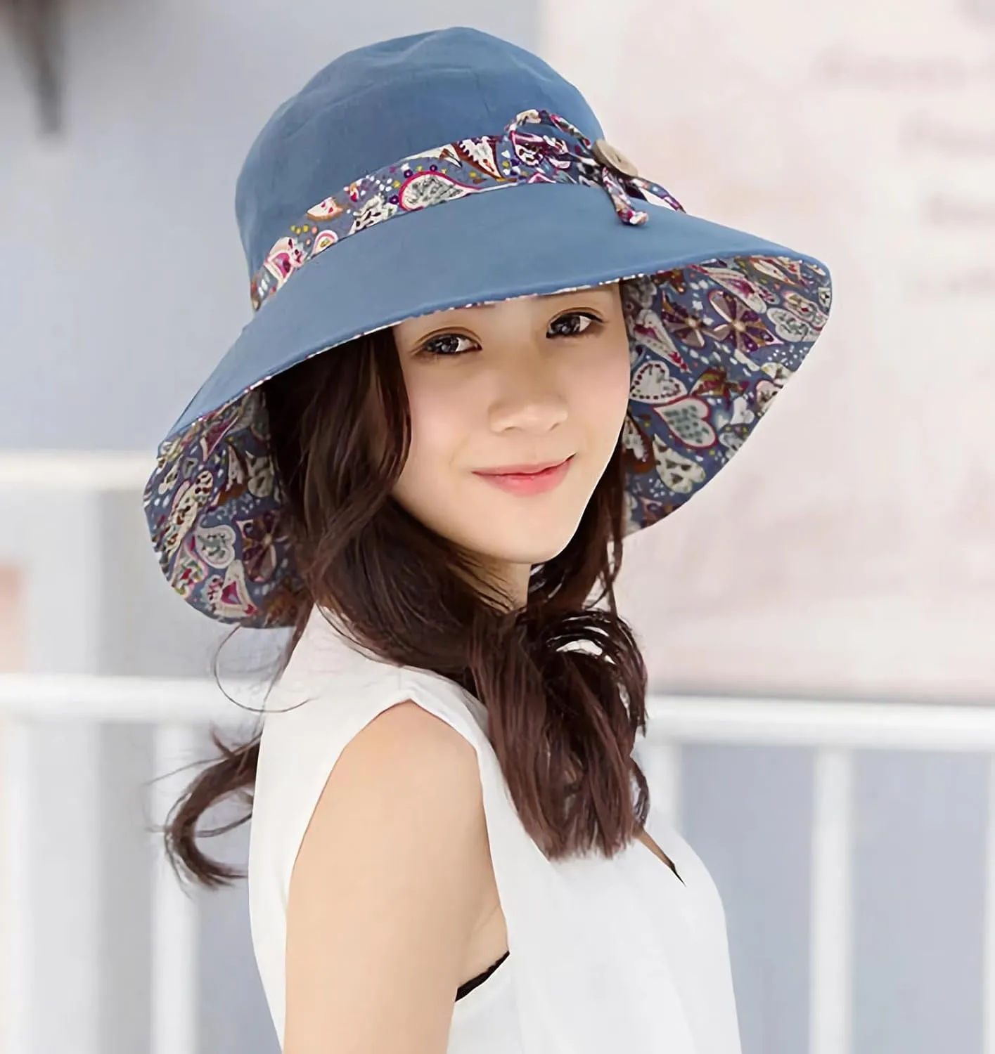 Women Bohemian Reversible Floral Cotton Sun Hat Wide Brim Outdoor Bucket Hats UV Protection