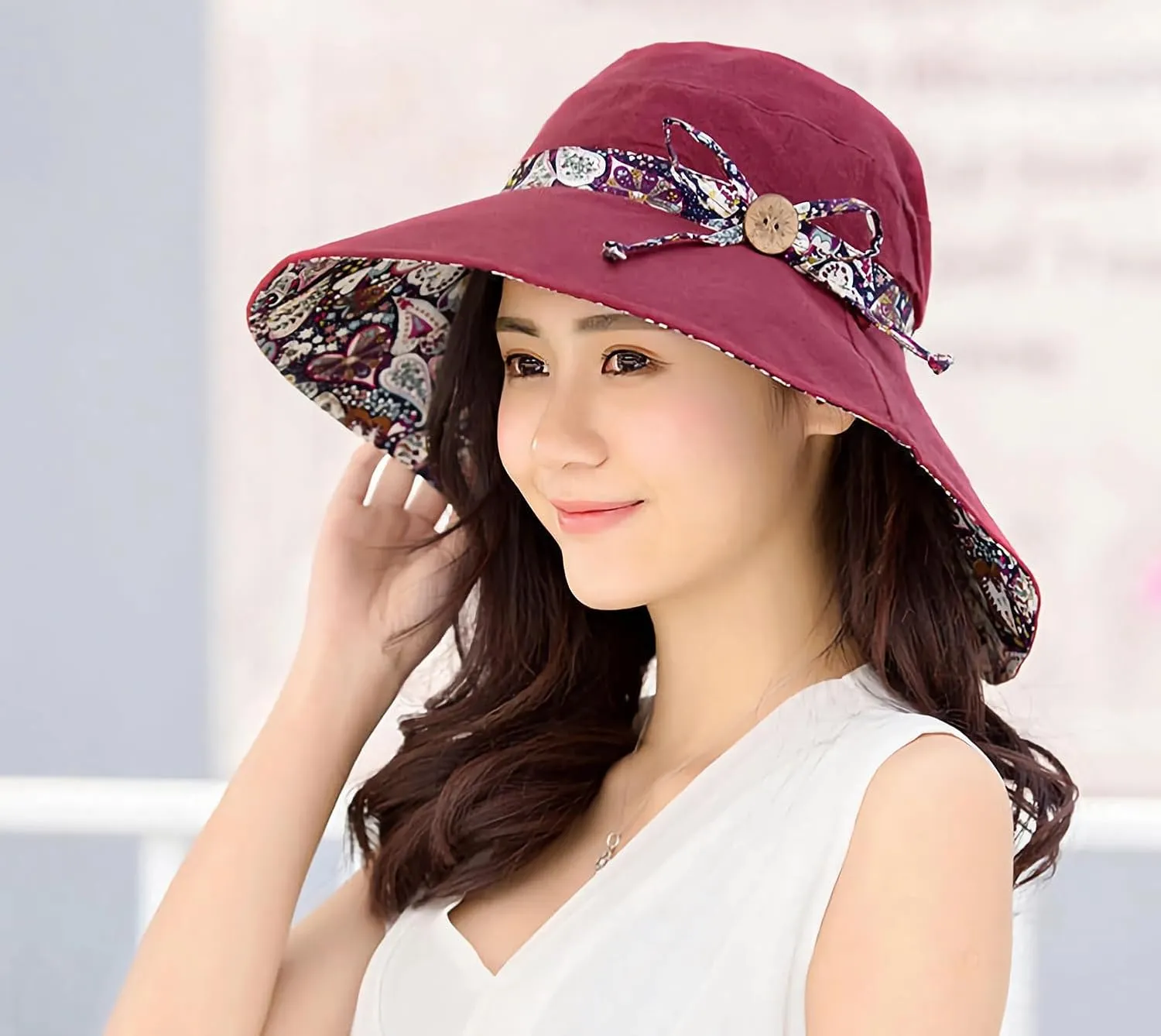 Women Bohemian Reversible Floral Cotton Sun Hat Wide Brim Outdoor Bucket Hats UV Protection