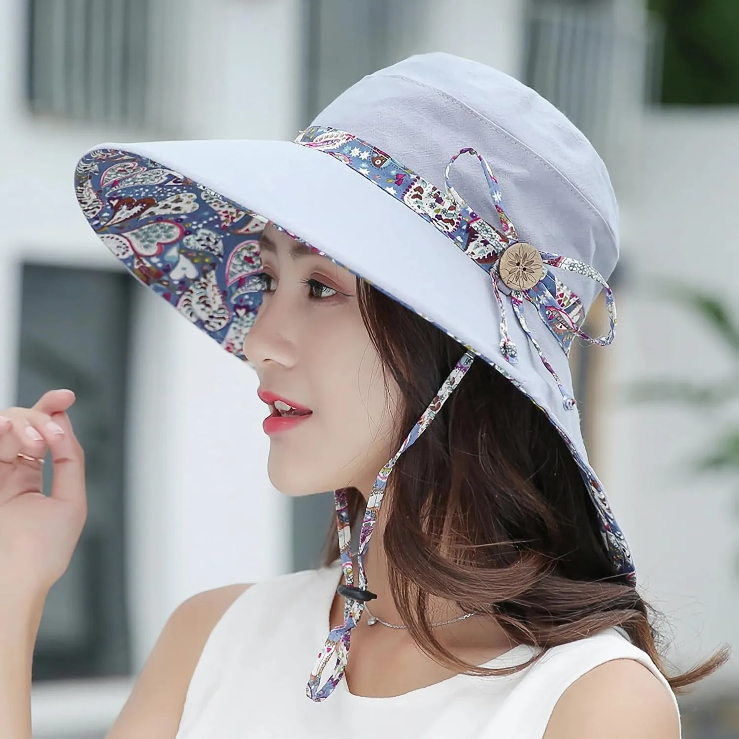 Women Bohemian Reversible Floral Cotton Sun Hat Wide Brim Outdoor Bucket Hats UV Protection