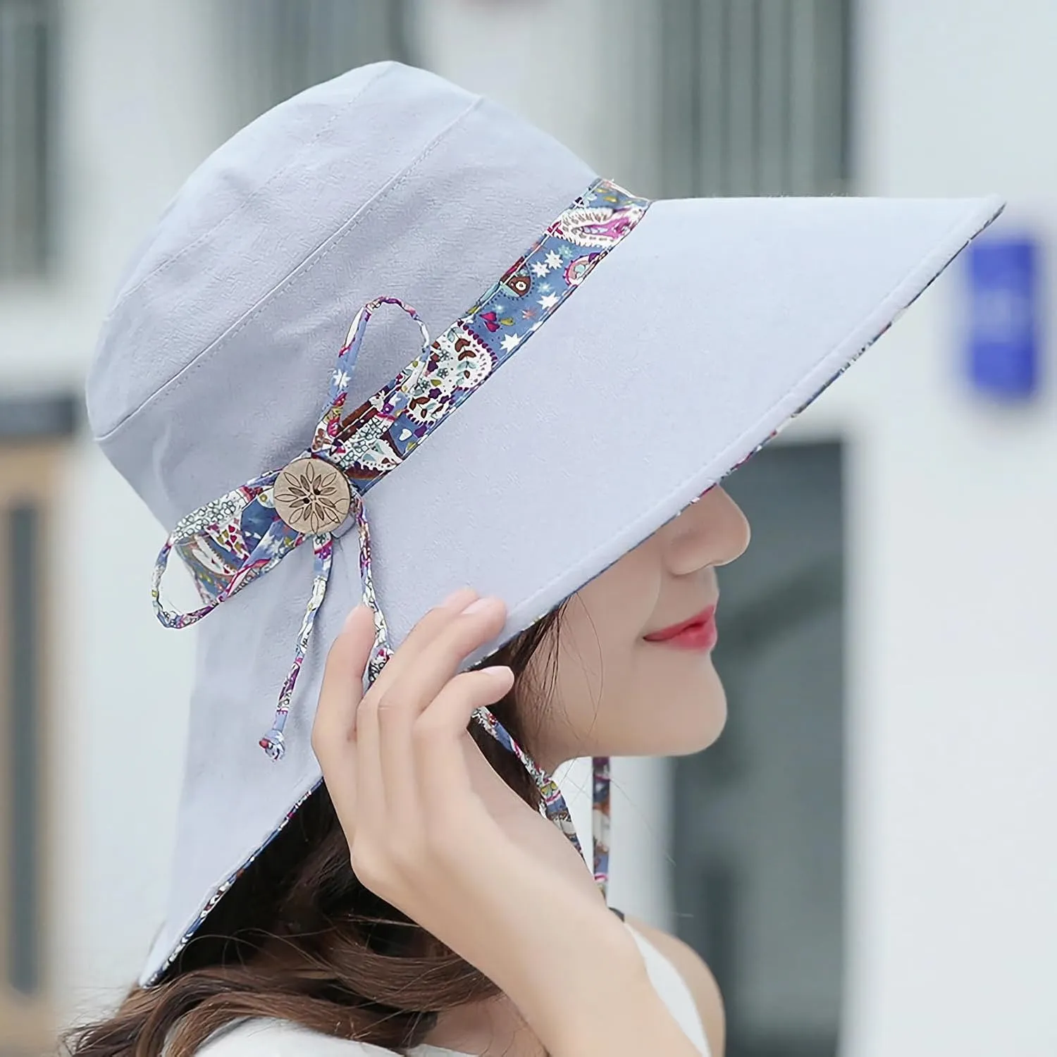 Women Bohemian Reversible Floral Cotton Sun Hat Wide Brim Outdoor Bucket Hats UV Protection